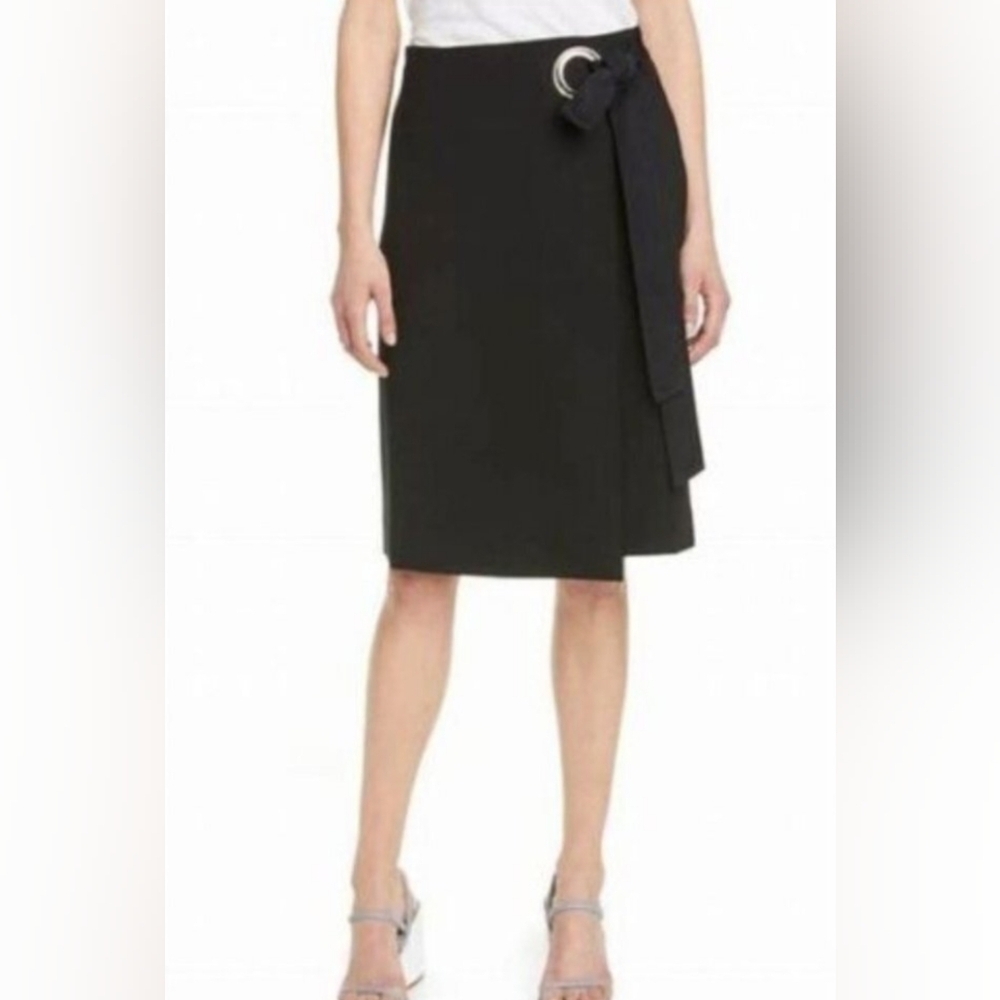 Tibi Black Wrap Pencil Skirt 6 Ring Tie Minimalist Workwear Knee Length